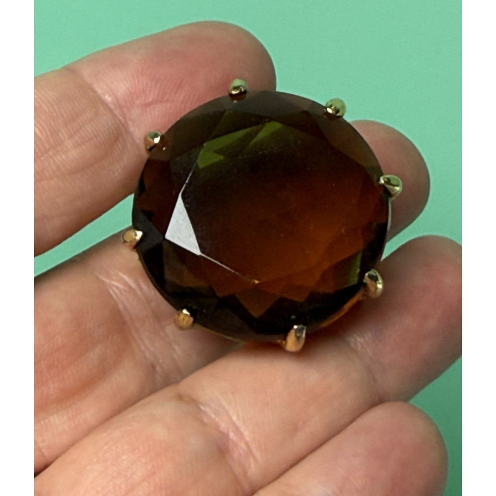 Vintage MCM Oversized Crown Prong Set Smoky Topaz Rootbeer Glass Brooch Earrings - Picture 4 of 7